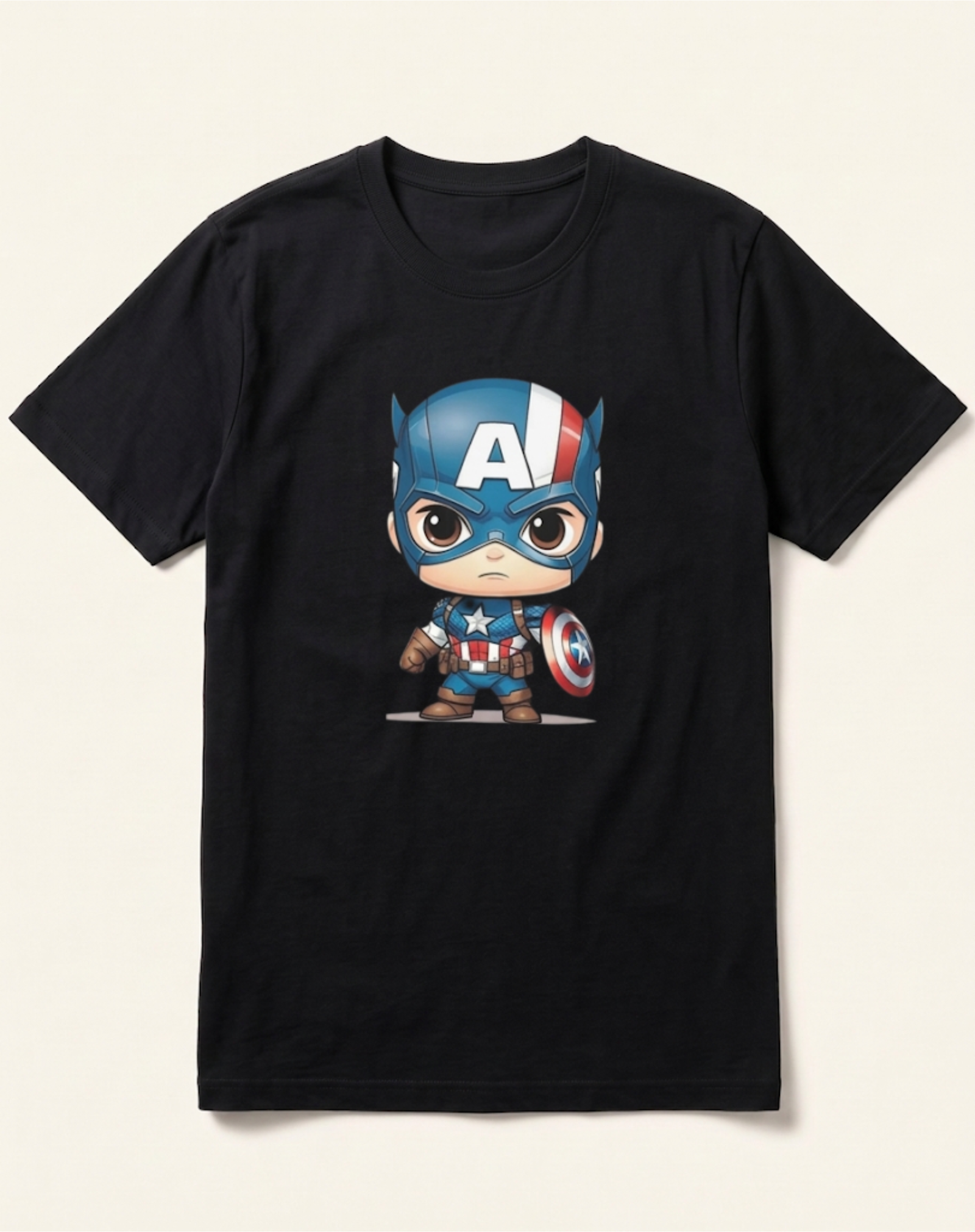 black-chibi-captain-america-tshirt Chibi Captain America Black Graphic T-Shirt - Image 1