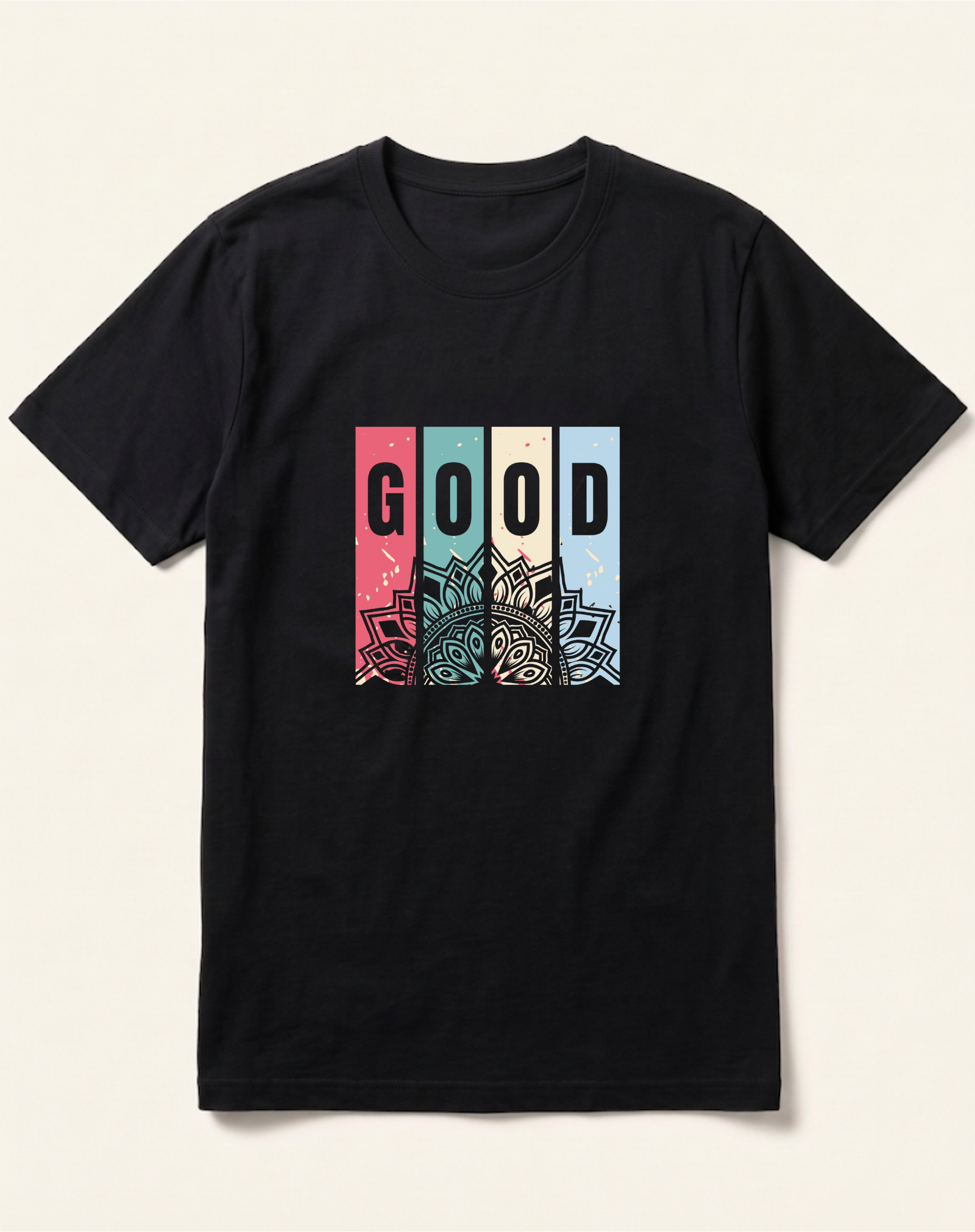 black-good-mandala-tshirt Good Mandala Colour Block Black T-Shirt - Image 1