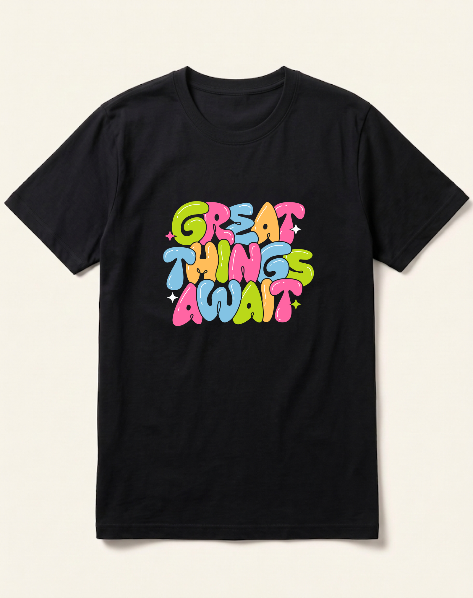 black-great-things-await-tshirt Great Things Await Colourful Black T-Shirt - Image 1