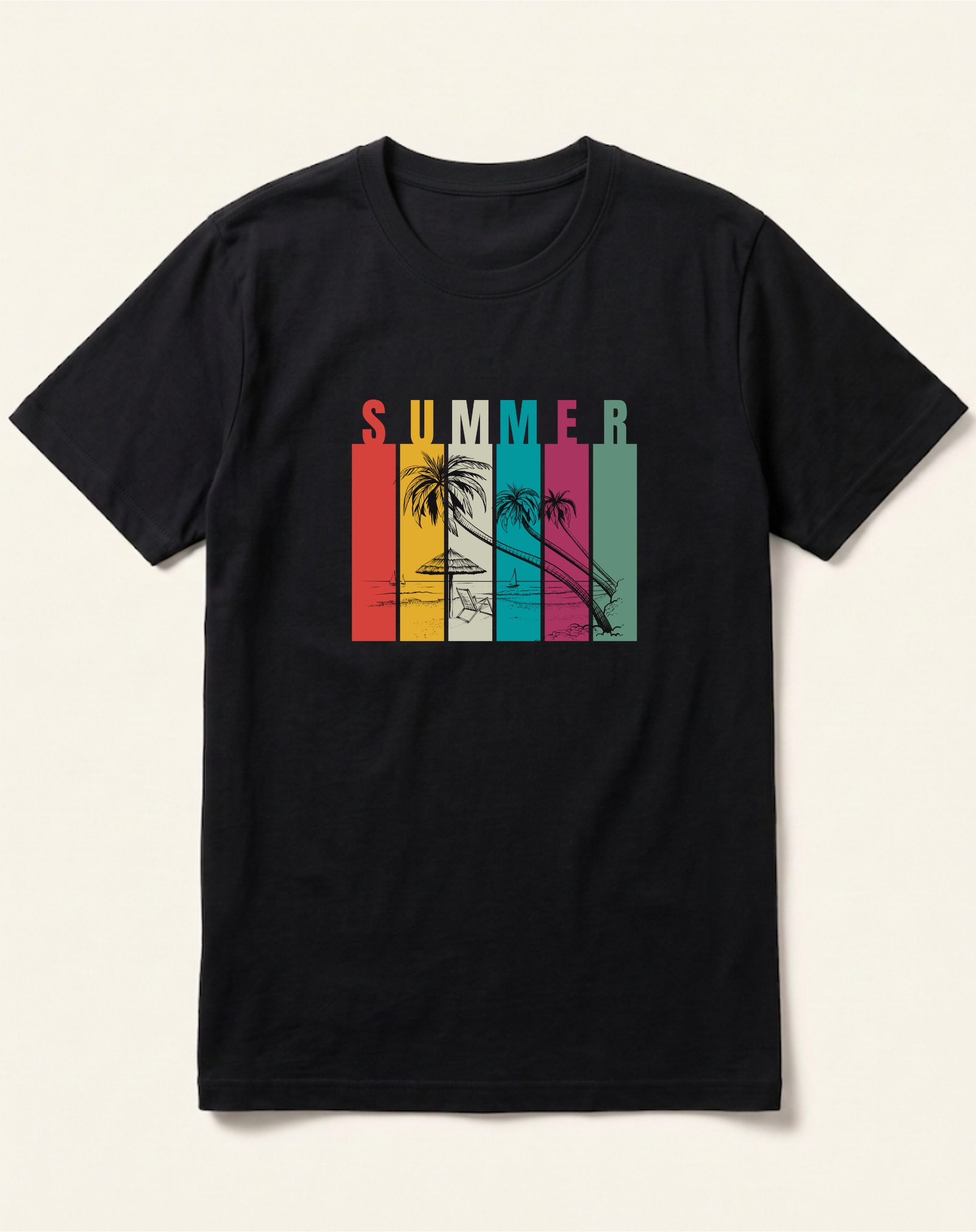 black-summer-palm-stripes-tshirt Summer Palm Tree Stripes Black T-Shirt - Image 1
